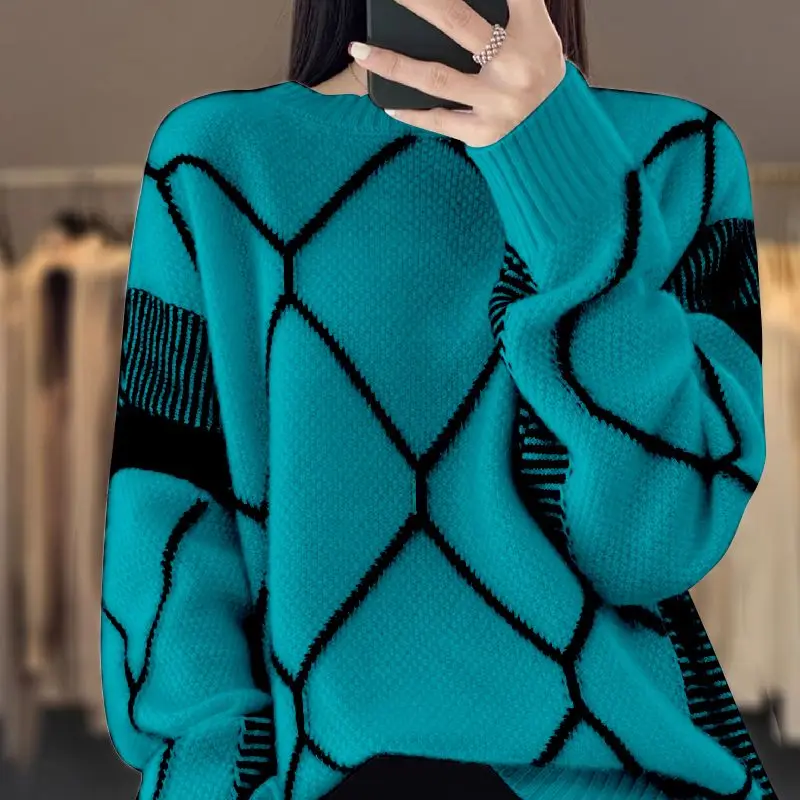 Autumn Winter New Contrast Color Plaid Long Sleeve Sweater Women High Street Fashion Casual Thick Warm All-match Chic Pullovers