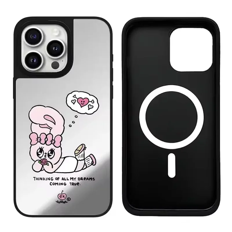 

Cartoon Pink Rabbit iPhone 11 12 13 14 15 Pro Max Mirror Surface MagSafe Case Cover Shell