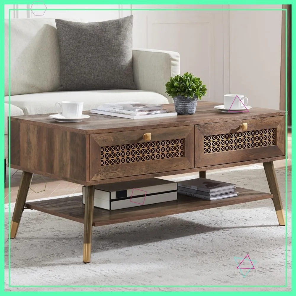 

Mid Century Modern Coffee Table with Storage Drawers, Open Shelf, Solid Wood, Metal Legs for Living Room