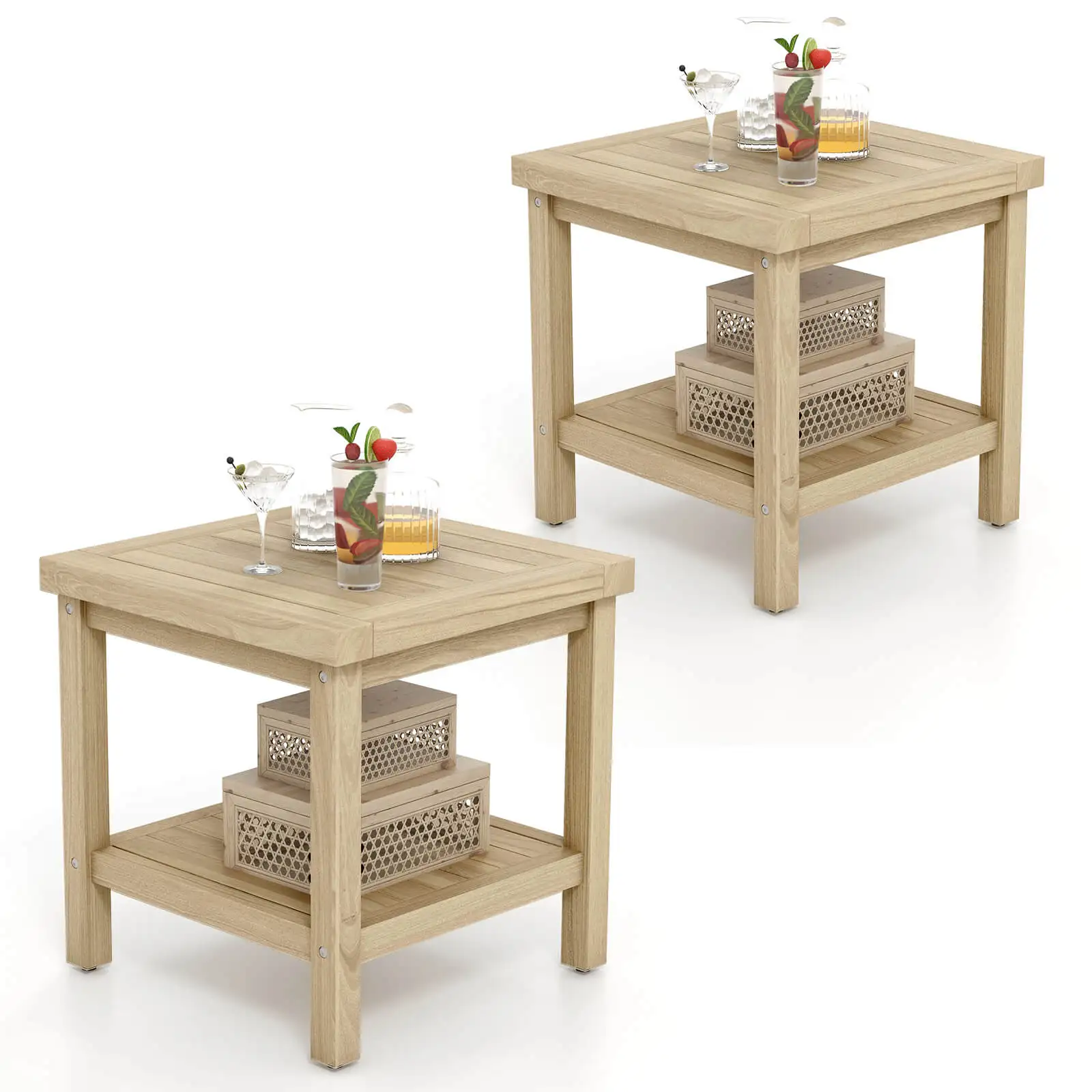 2PCS 2-Tier Outdoor Side Table Teak Wood End Table with Storage Shelf Natural