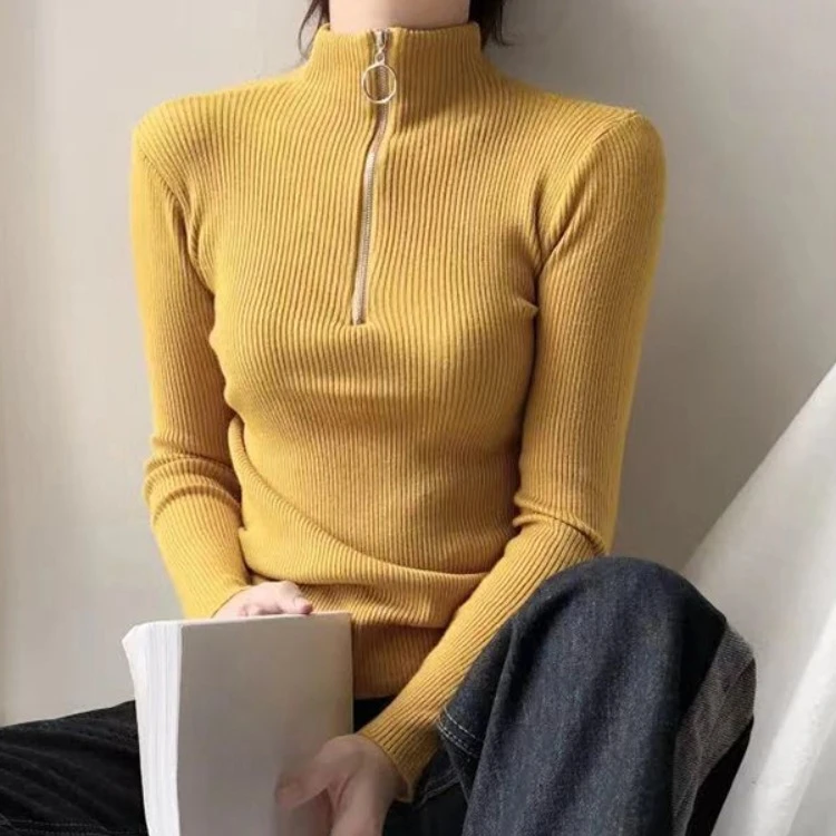 

spring autumn Women Sweater solid zipper Ladies Casual Sweaters Knitted half Turtleneck Long Sleeve Slim Jumper Tops Pullover