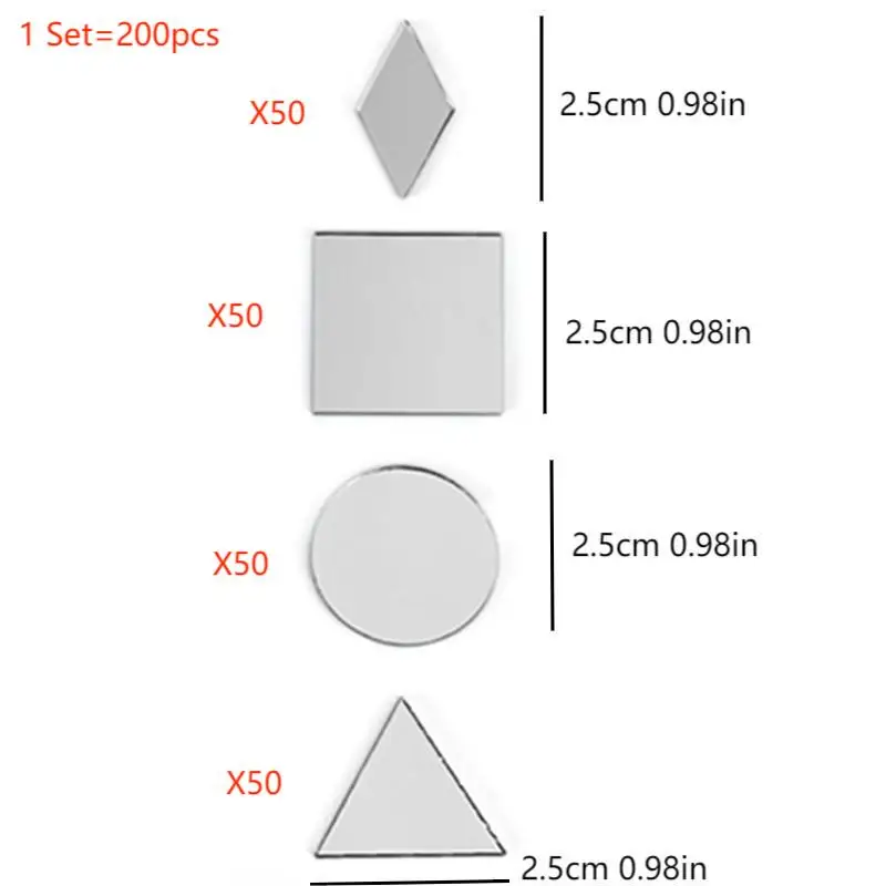 200Pcs DIY Craft  Mirror Sticker Multi Shaped Acrylic Mirror Mosaic Tile Bulk Self Adhesive Art Wall Door Home Decoration