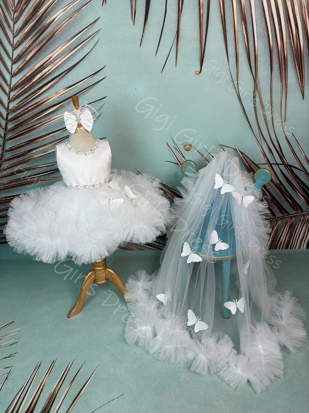 فستان فتاة الزهور من التول الأبيض مع ذيل فراشة ثلاثي الأبعاد فستان عيد ميلاد مطرز بالكريستال مخصص للأطفال فستان حفلة الأميرة