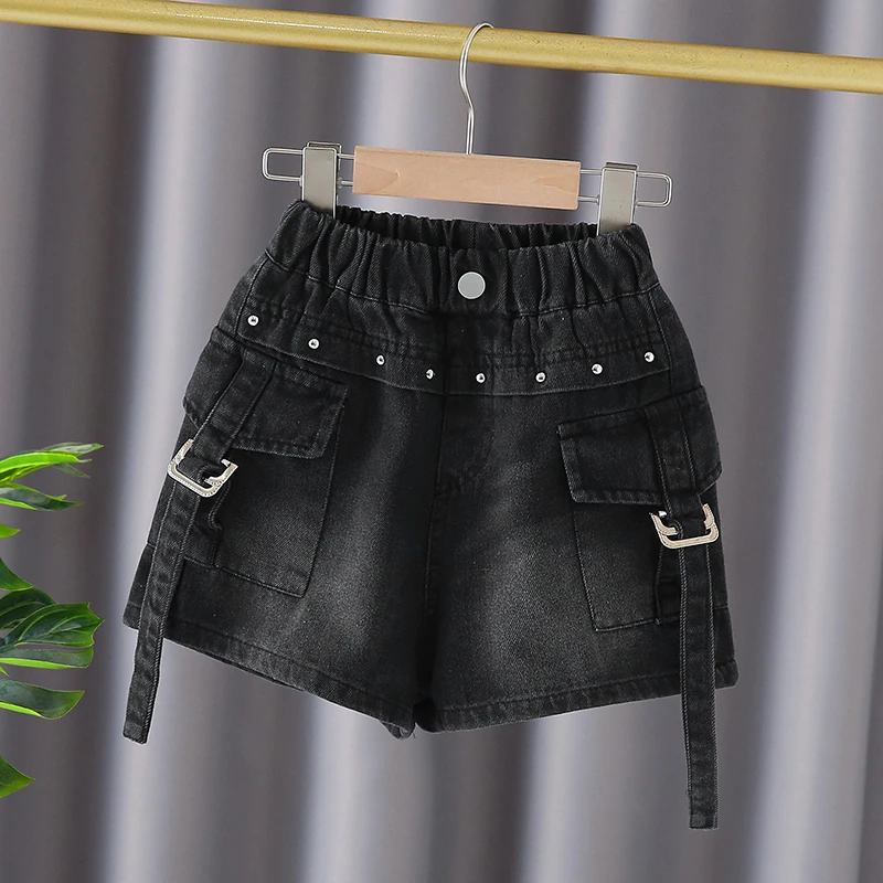 Children y2k Retro Black Denim Shorts For Girls Hip Hop Pocket Cargo Short Jeans Streetwear Kids Fashion Harajuku Mini Shorts