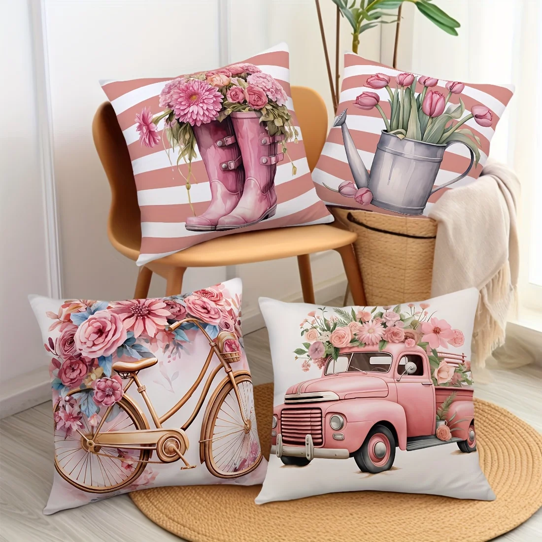 4pcs Pink Rose Still Life Watercolor Illustration Cozy Pillow Covers for Living Room Bedroom & Sofa Cushions Insert Not Included