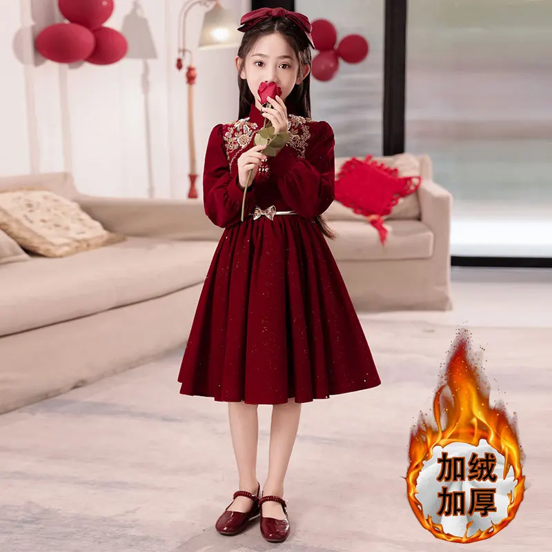 Girls' Autumn and Winter Dress Dress2024New Chinese Style Children's New Year Dress New Year Clothes Fleece-lined New Year Dress