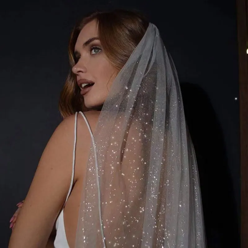 Ivory Black Glitter Wedding Veils Silver Sparking Bridal Veil 1 Tier Chapel Long Bling Bling Bride Accessories with Comb Custom image 2