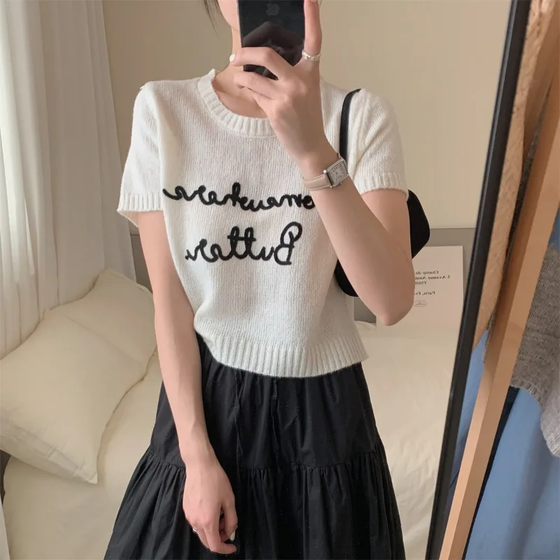 Embroidery Letter Ropa Mujer Hit Color Women Tops Round Neck T Shirt Short Sleeve Camisetas Office Lady All Match Clothes