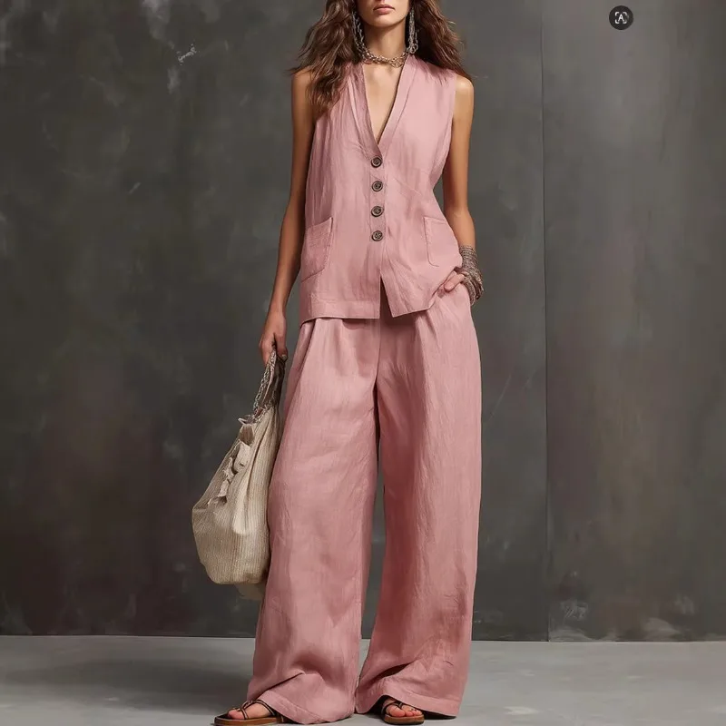 

Новый летний костюм 2026: Женский комплект из 2 предметов – однобортный жилет с карманами и однотонный топ, а также широкие брюки с карманами