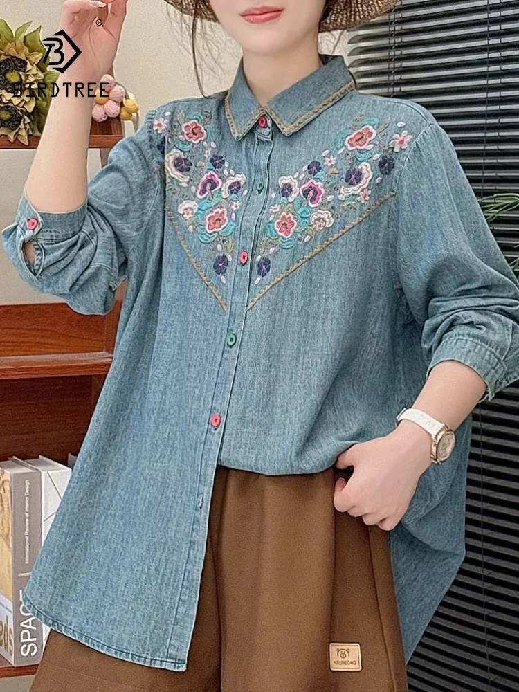 

New 2025 Autumn Long Sleeve Denim Shirt, Women Turn-down Collar Embroidery, Mori Girl Retro Prairie Chic Loose Blouse T58726CC