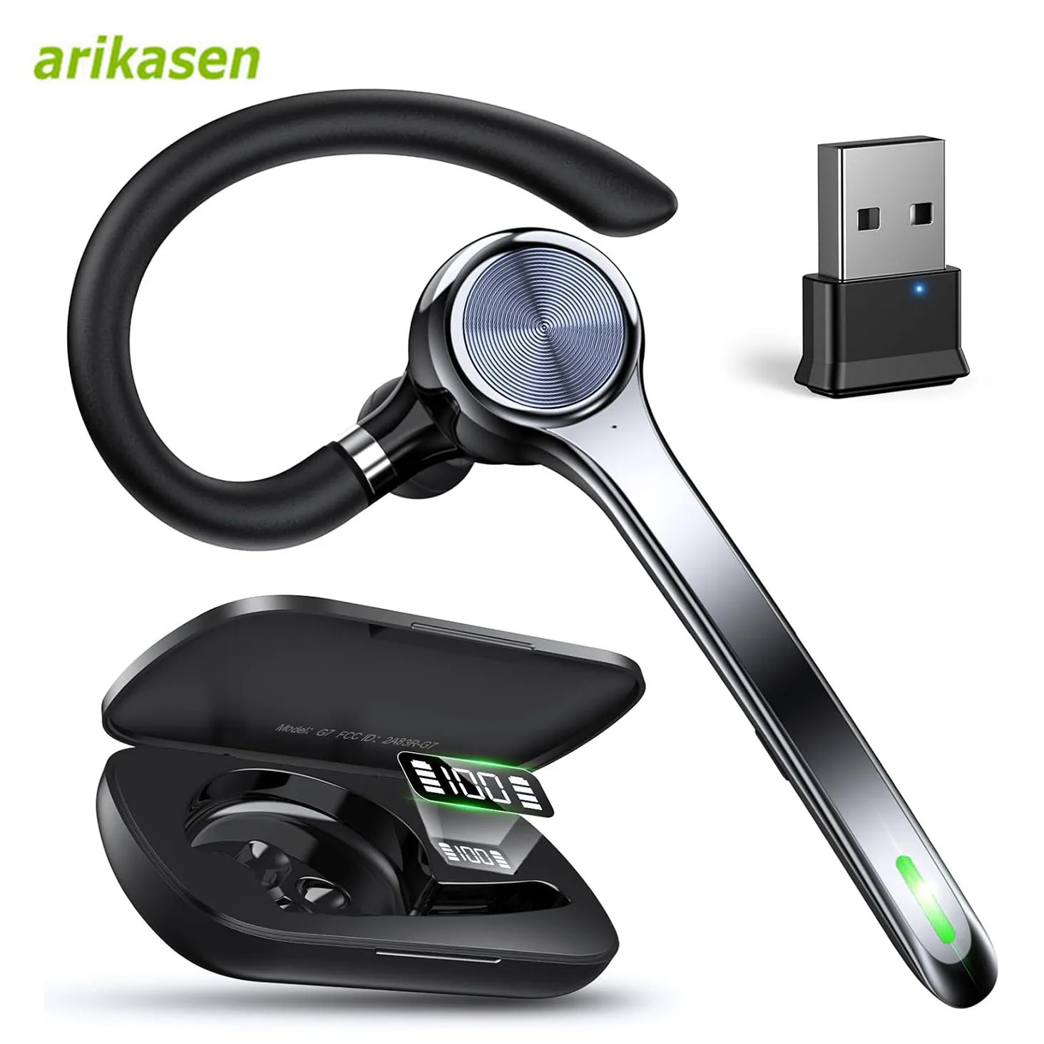 Wireless Headset Single-Ear Bluetooth Headset with Noise-Canceling Mic and USB Dongle Wireless Bluetooth Earpiece for Computer