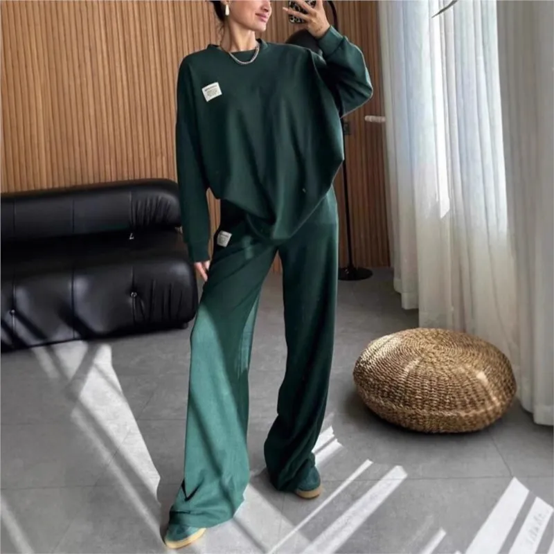 

Solid Sporty Pants Set Ladies Outfits Long Sleeve Top Straight Pants 2 Piece Women Suits Autumn Winter Loose Sportswear Clothes