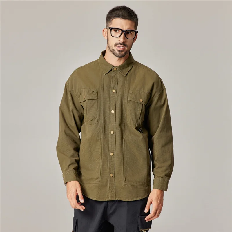 

American Retro Pure Cotton Cargo Shirts Men Streetwear Fashion Loose Casual Long Sleeve Plus Size Shirt Cityboy Oversize Blouse