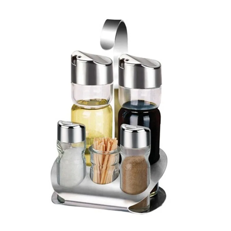 304 Stainless Steel Glass Seasoning Bottle Seasoning Jar Seasoning Box Five Piece Set Table Top  Bottle