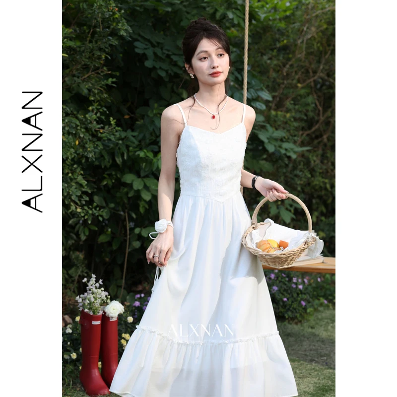 

ALXNAN Women's Off-white Summer Sundress Embroidered French Vacation Sleeveless Dress Ruffled Hem Free Floral Accessory L61801