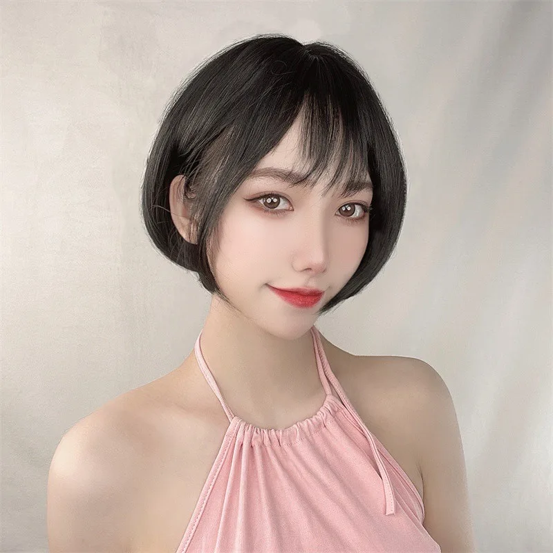 Women's short straight bob wig with air bangs, synthetic hair, synthetic fiber wig, female wig supplier