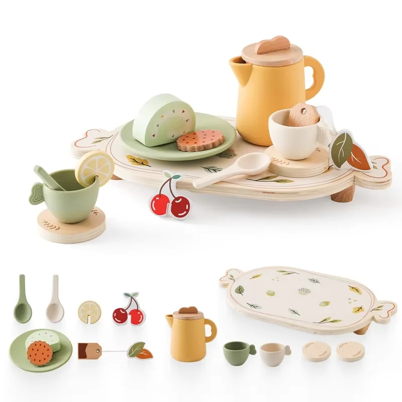 

Baby Wooden Afternoon Tea Set Tea Party Tableware Silicone Teacup Toys Kitchen Pretend Play Set for Toddlers Kid Birthday Gift