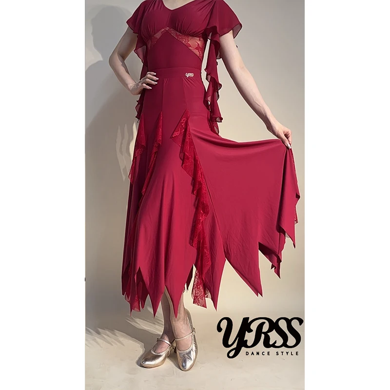 2026 Ballroom Dance Clothing Women Lace Tops Irregular Long Skirt Waltz Tango Dance Practice Clothes Performance Dress BL19840