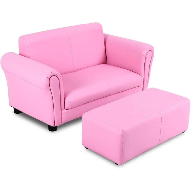 

Детский диван с подставкой для ног, детский диван 2 в 1, двухместный с поверхностью из искусственной кожи, кресло для отдыха с подлокотником, мягкий для дошкольников