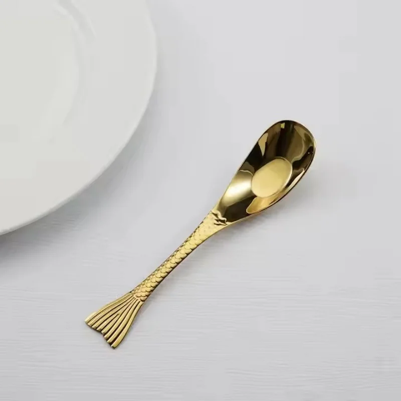 

Creative Gold 304 Stainless Steel Embossed Fish Tail Rice Dessert Yogurt Spoon Stylish Flat Children's Food Spoon for Home
