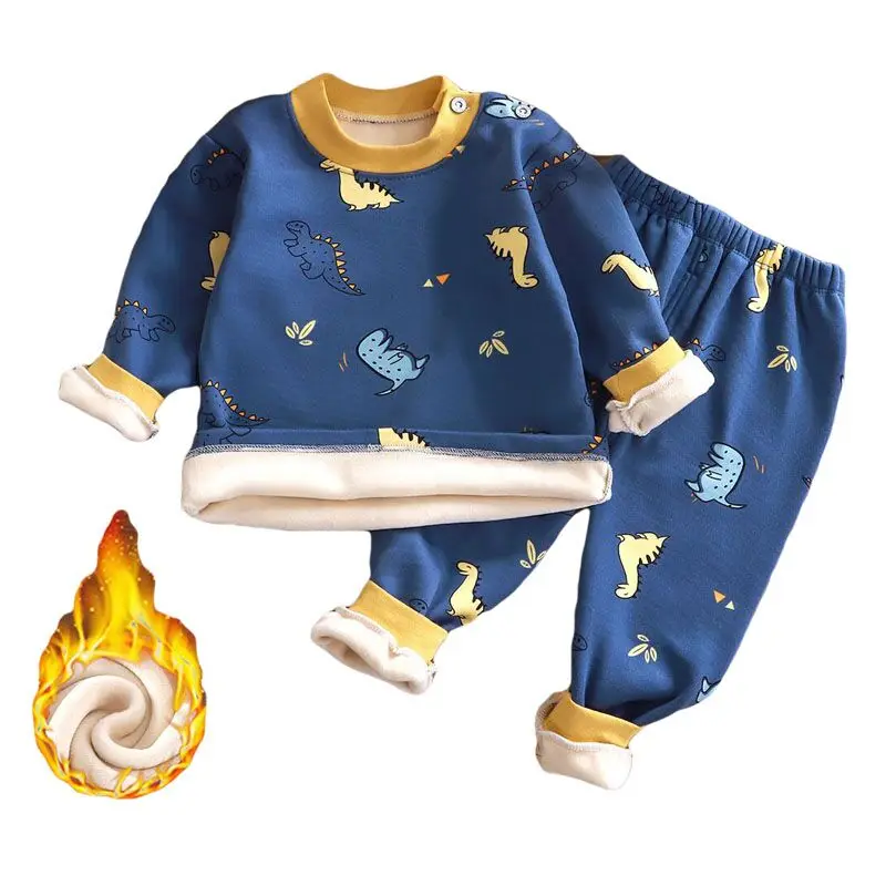 Ensemble de sous-vêtements thermiques en peluche de dessin animé pour enfants, vêtements de maison épais pour garçons et filles, col rond, automne et hiver, 2 pièces