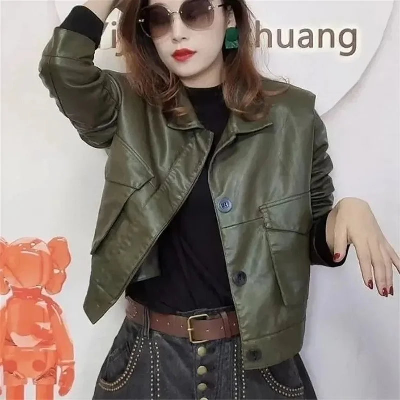 Korean Lady Fashion Faux Leather Coat 2025 Femme Short Leather Top Outwear Spring Autumn Women Long Sleeves PU Leather Jacket