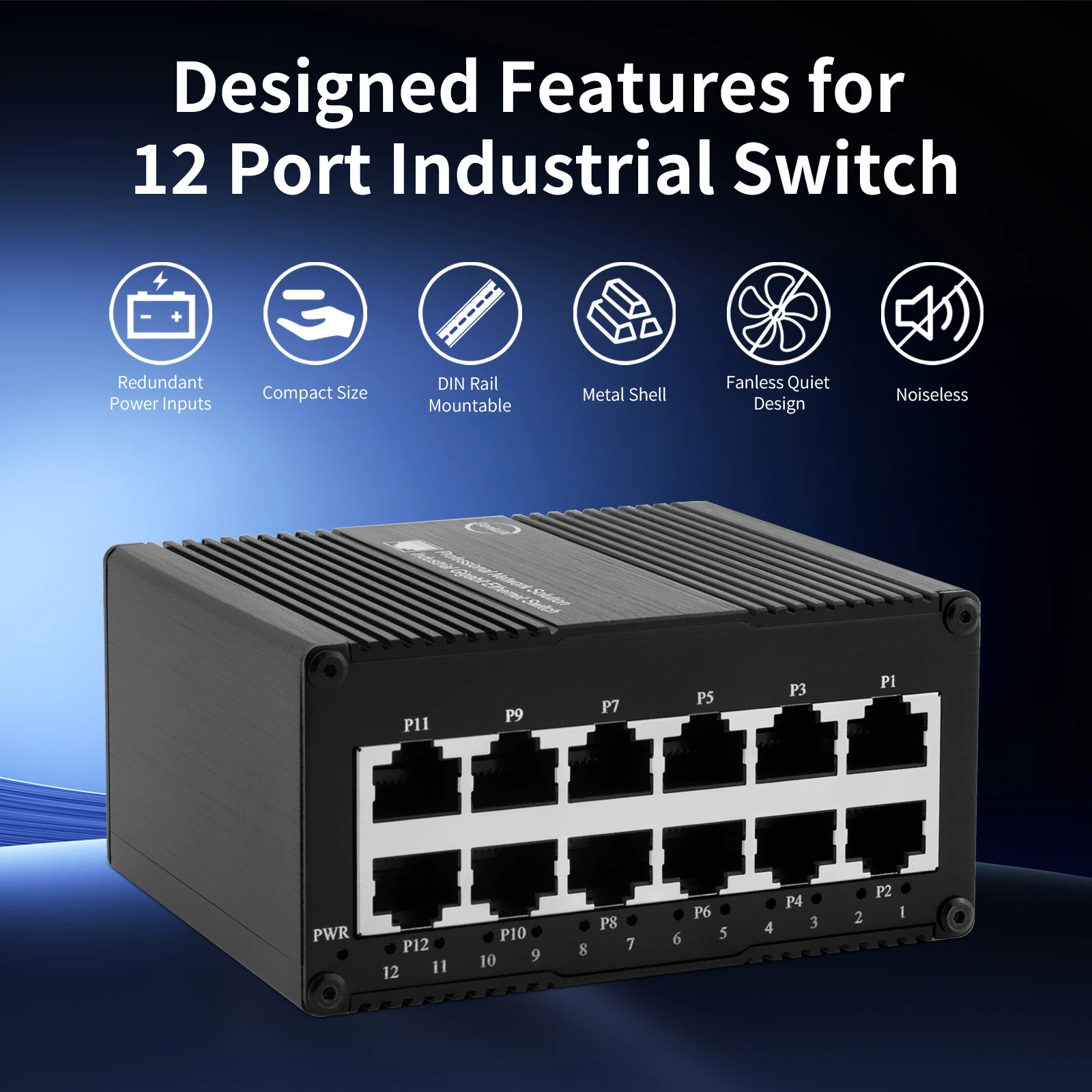 

12 Port Gigabit Industrial PoE Switch, DIN-Rail Unmanaged Ethernet, 802.3af/at 30W 60W for IP Cameras & Wireless AP