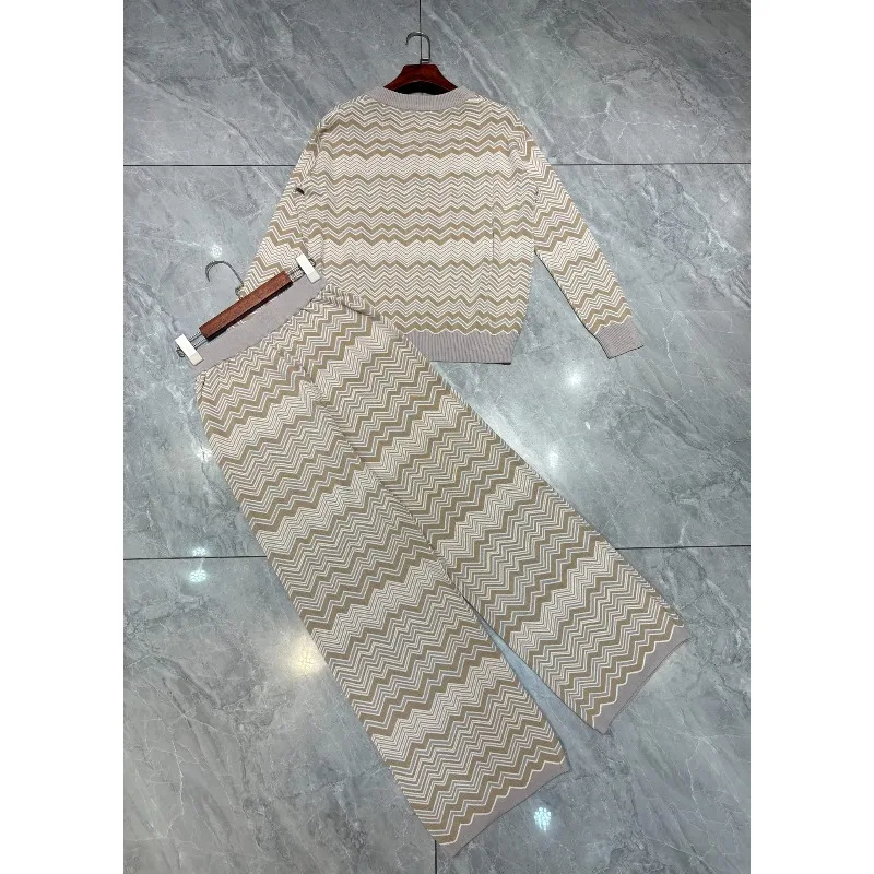 Bohemian Knitted Pants Set for Women 2026 Autumn New Slim Fit Versatile Striped Print Deep V-Neck Top + Straight Pants Set