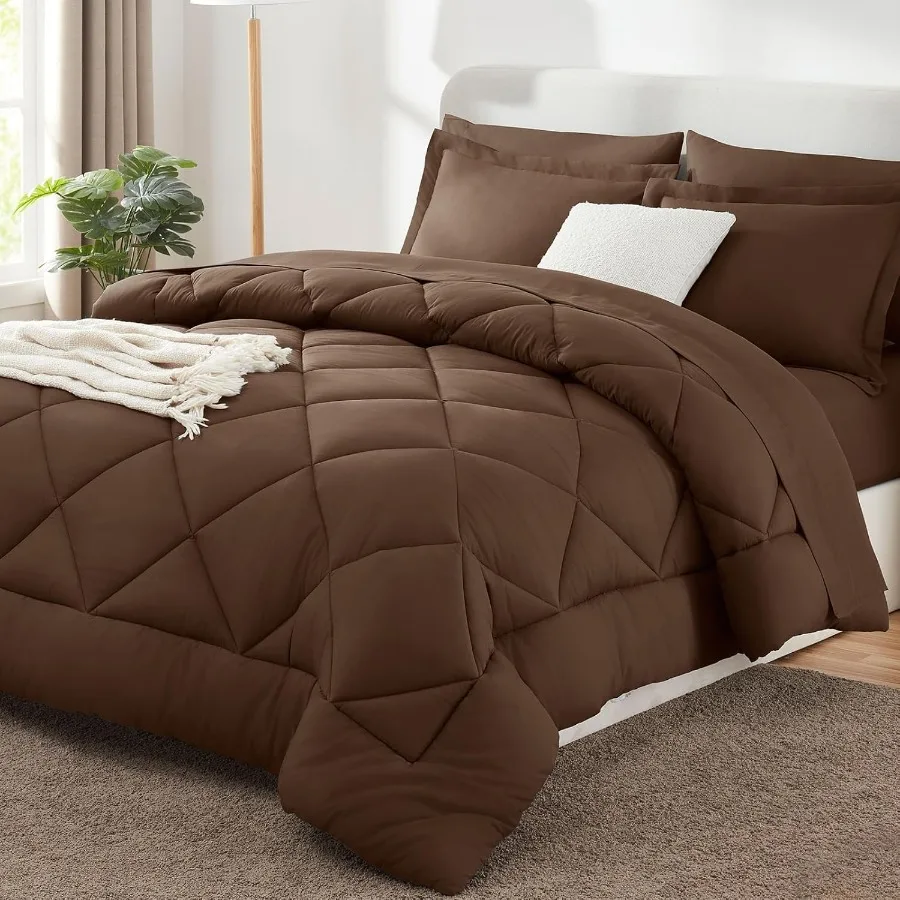 

Queen Comforter Set Brown 7Piece Luxury Soft Bedding Set for All Seasons with Down Alternative Comforter Sheets Pillowcases Sha