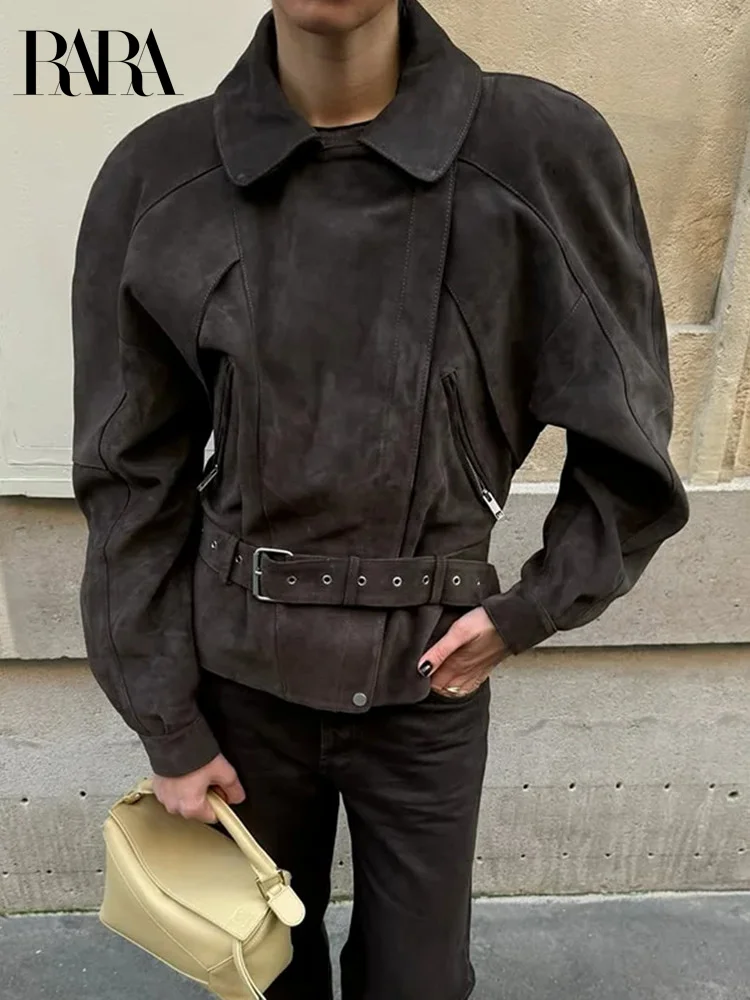 

2025RARA весенняя женская лоскутная куртка в стиле ретро, уличная женская короткая замшевая куртка с поясом, свободная женская куртка на молнии с лацканами