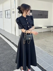 Korea Elegant Two Piece Sets Vintage Office Lady Chic Fashion Puff Sleeve Crop Top + A Line Midi Skirts Suit Retro Summer Outfit