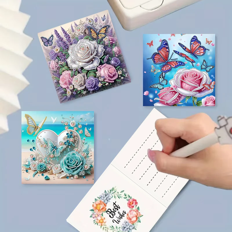 6 Pieces/Kit DIY Diamond Painting Kits Birthday Card Sets, Unique Flower Pattern Design, Sticker Diamond Art Mosaic Postcards, P - view 5
