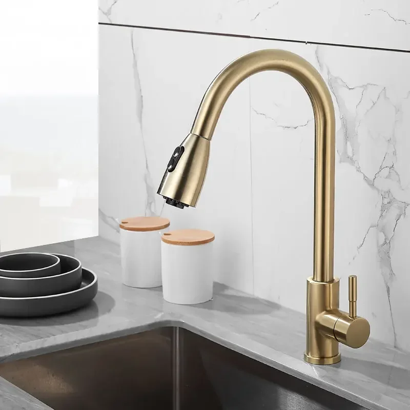 Brushed Gold Kitchen Faucet  Single Handle Pull Out Kitchen Tap Single Hole Handle Swivel Kitchen Mixer Tap Mixer Tap