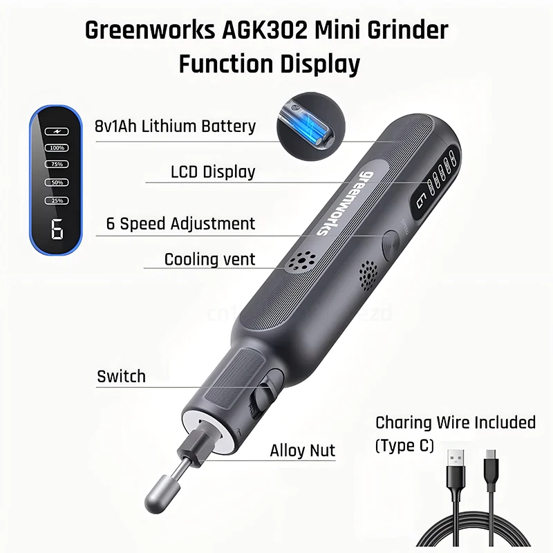 Greenworks 8V 80W 52pcs Mini Grinder Cordless Grinder Rotary Tools USB Chargering for Grinding Cutting Wood Carving and Sanding
