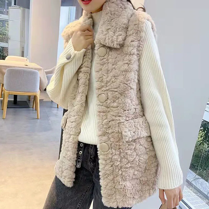 2023 Lamb Hair Women Loose Vest Jacket Simplicity Elegant Fashion Casual Thicken Coat Winter Female Warm Sleeveless Jacket