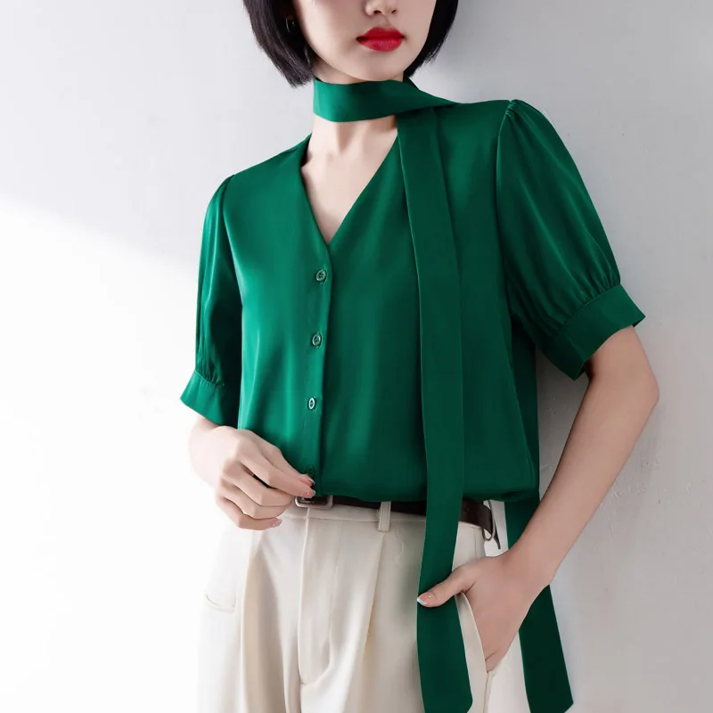 

Fashion OL Office Ladies Work Shirts Women Blouses Summer Elegant Ribbon Bow Short Sleeve Top Business Basic Shirt Solid
