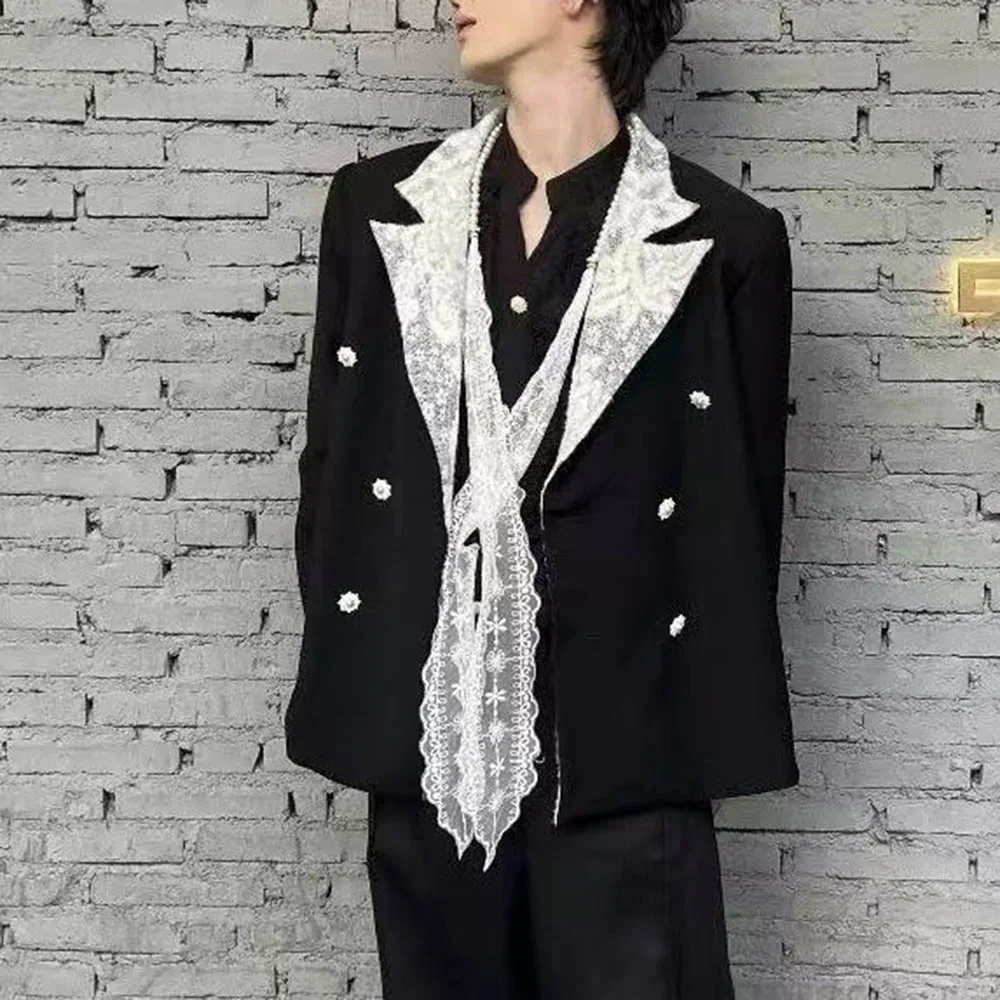 Autumn New Male Lace Stitching Long-Sleeved Jacket American Retro Fashion Trend High Street Casual Loose Niche Men's Tops 2025