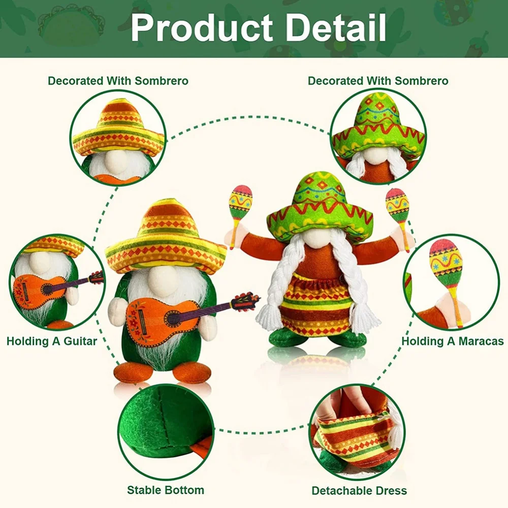 Fiesta Gnomes Cinco de Mayo Tomte for Mexican Taco Tuesday Gnomes Plush Mexican Decor for Home Party Kitchen Tiered Tray images - 6