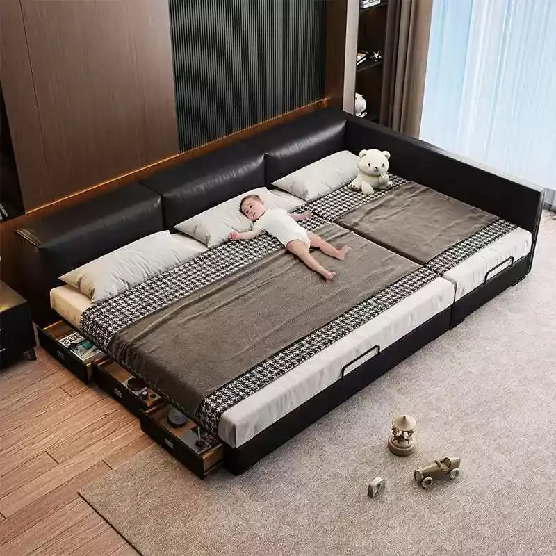Leather parent-child bed family of three master bedroom mother and child bed splicing family three widened bed
