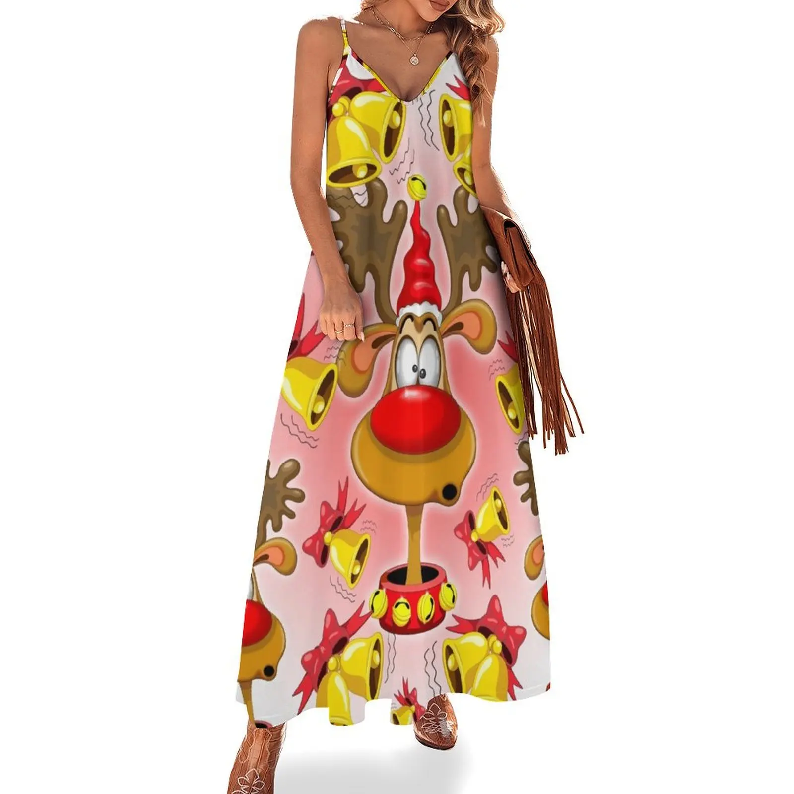 

Reindeer Fun Christmas Cartoon with Bells Alarms Sleeveless Long Dress womens clothing elegant guest wedding dress Dress