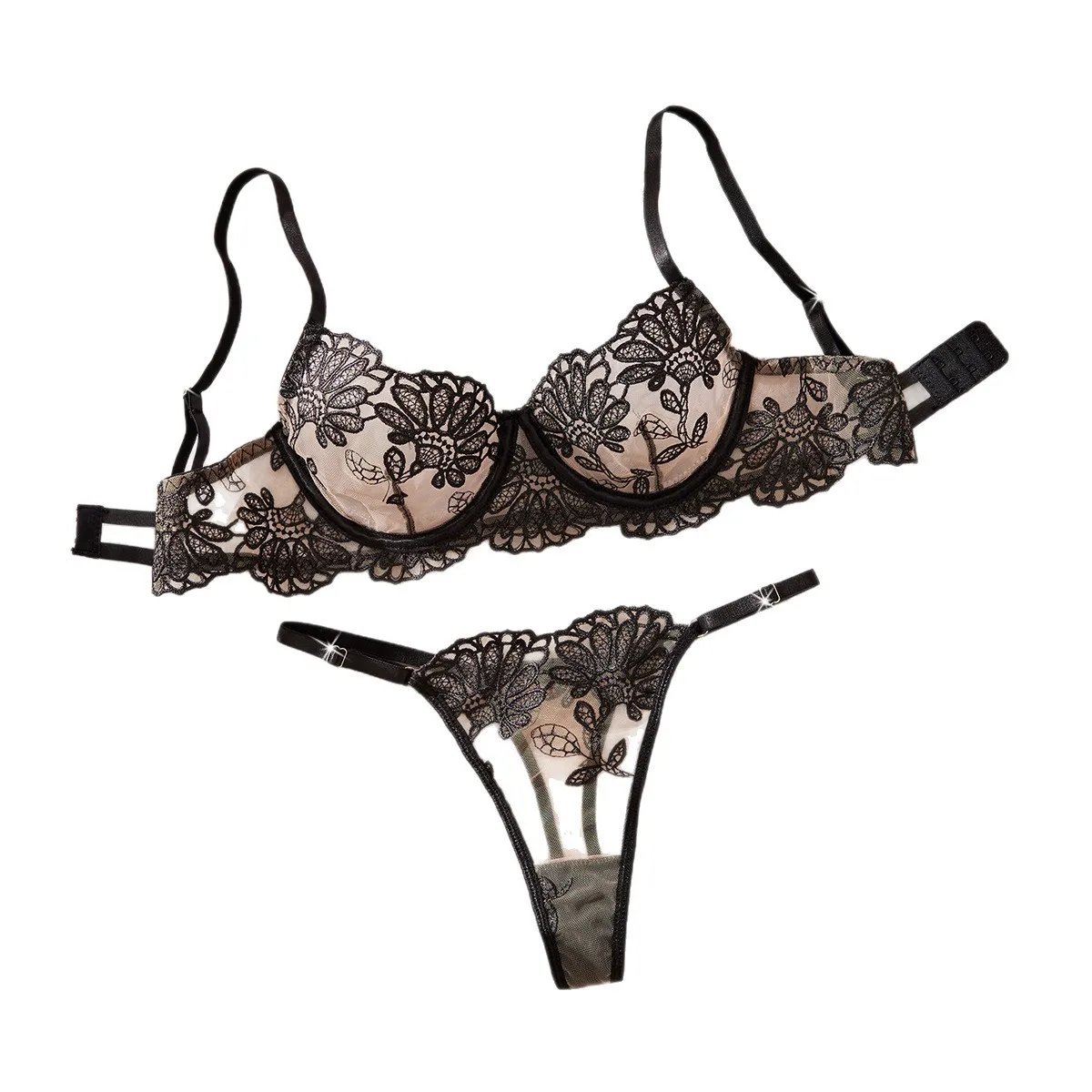 

Европейское и американское сексуальное женское белье, сетчатый бюстгальтер с цветочной вышивкой и эффектом пуш-ап, комплект с прозрачными стрингами.