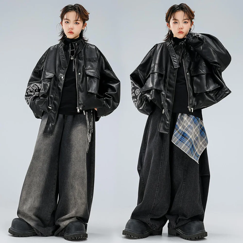 

Children Boys Girls Streetwear Hip Hip Leather Cargo Jacket Baggy Jeans Pant Sets Kids Coat Trousers Stage Show Clothes Costumes