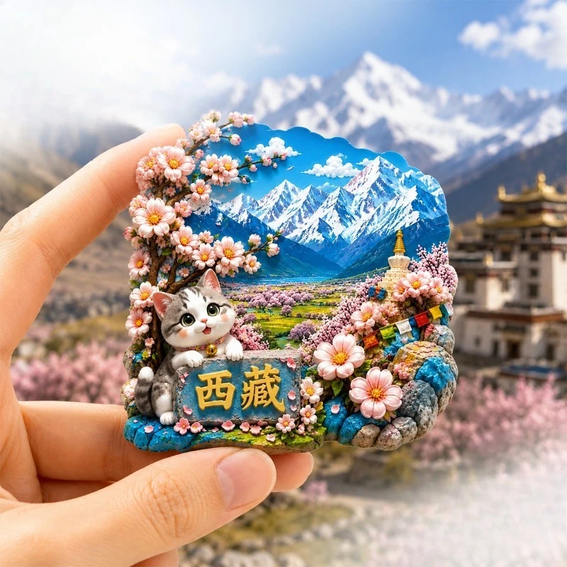 Tibet Snow Peach Cat Fridge Magnet - Whimsical 3D Himalayan Souvenir Unique Chinese Spring Gift for Travel & Cat Lovers Decor