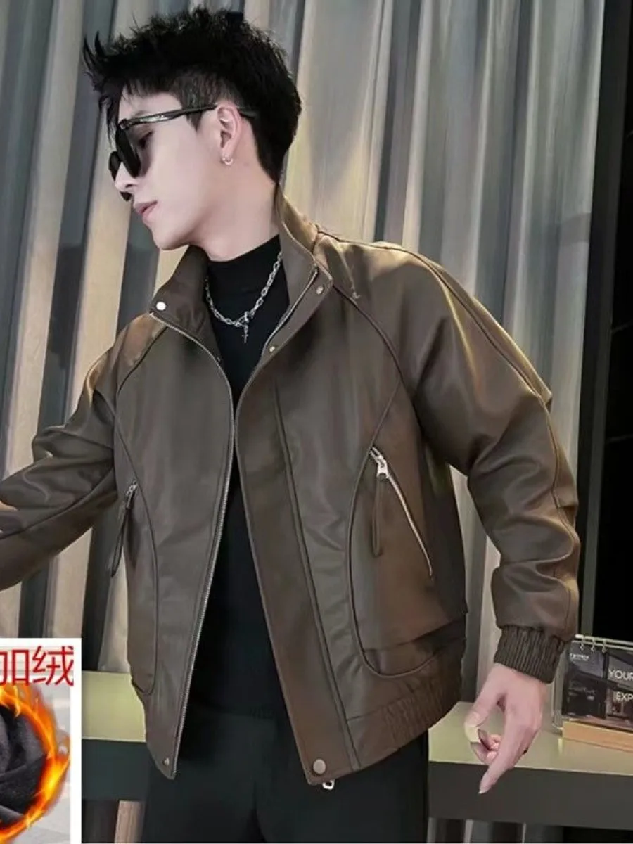 

Matte Biker Casual Fce Lined PU Leather Jaet Men's Winter Faion Brand Stand Collar Long Sve Zipper Color Blo Coat