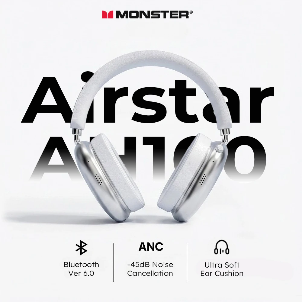 

Monster AH100 ANC Bluetooth 6.0 Over-Ear Headphones -45dB Active Noise Cancelling Headset HiFi Stereo Wireless/Wire Earphone