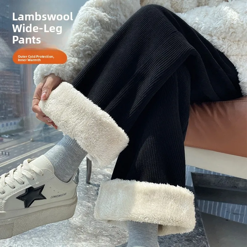 لامب المخملية بنطال ذو قصة أرجل واسعة المرأة الخريف الشتاء جديد Sle Fce اصطف ثي عادية تنوعا ثريبي الدافئة مستقيم الساق السراويل #2