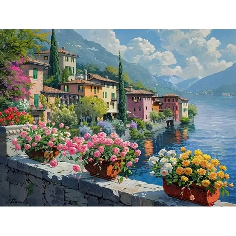 

Lakeside Village Painting By Numbers Kit Flower Pots Landscape Picture Coloring By Numbers HandPainted For Adults Home Decoratio