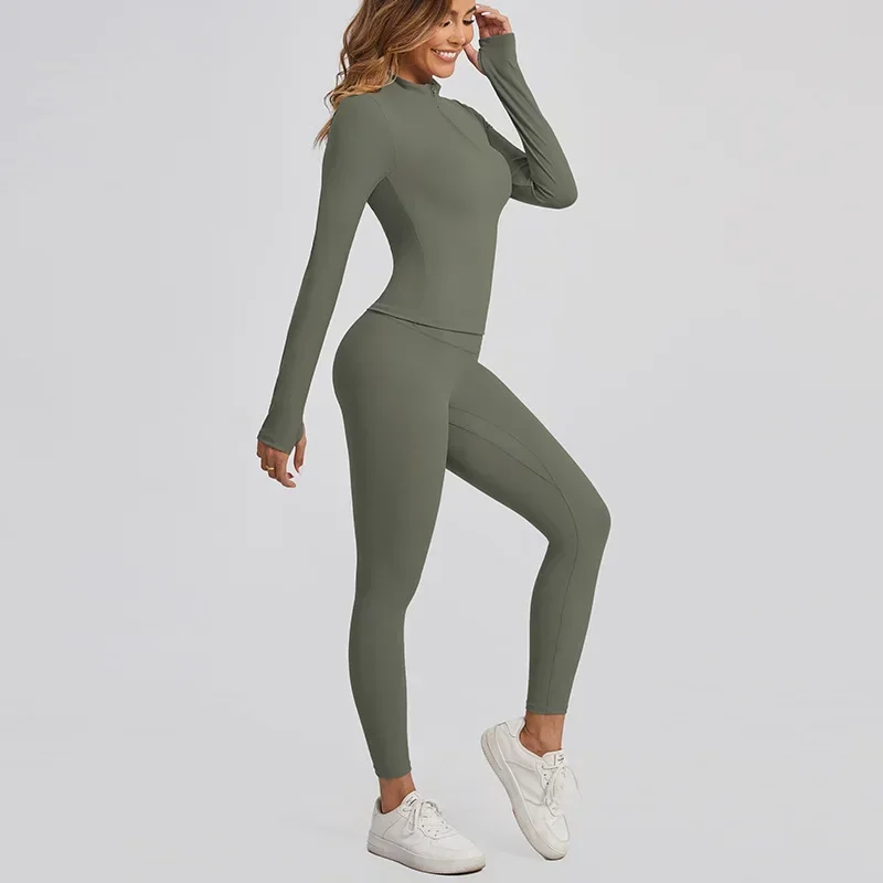 Conjuntos de yoga sem costura esportes fitness cintura alta hip levantar calças de manga comprida com zíper terno correndo treino ginásio leggings conjunto para mulher