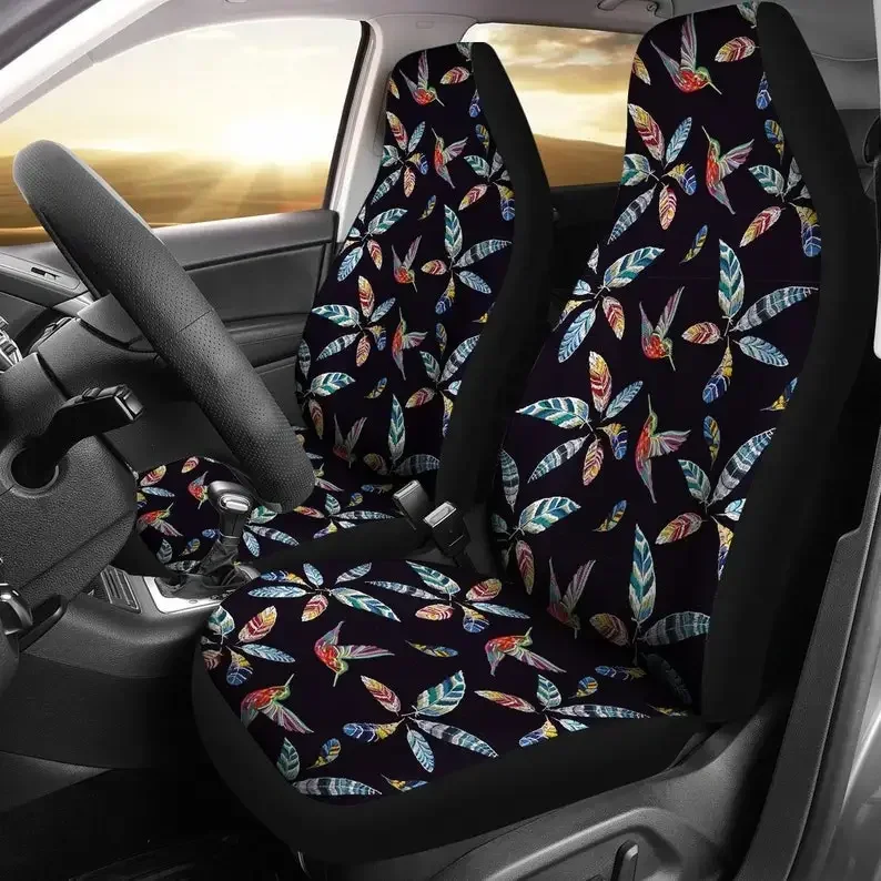 Colorful Leaves Hummingbirds Black Floral Flowers Car Seat Covers Pair 2 Front Seat Covers Car Seat Protector Car Accessories