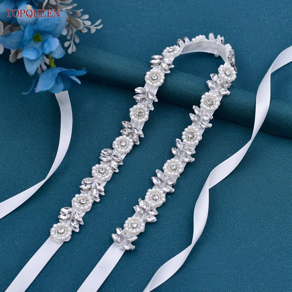 

TOPQUEEN S101 Flower Women Belt Bridal Thin Silver Rhinestone Pearl Wedding Dress Sash Bridesmaid Maternity Decoration Girdles